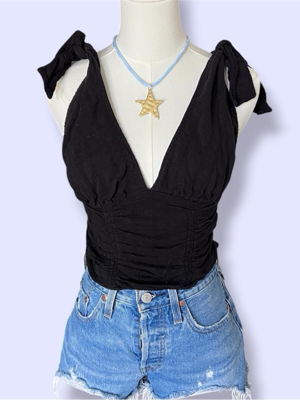 Free People Smocked Black Tie-Shoulder V-Neck Cropped Camisole 🖤